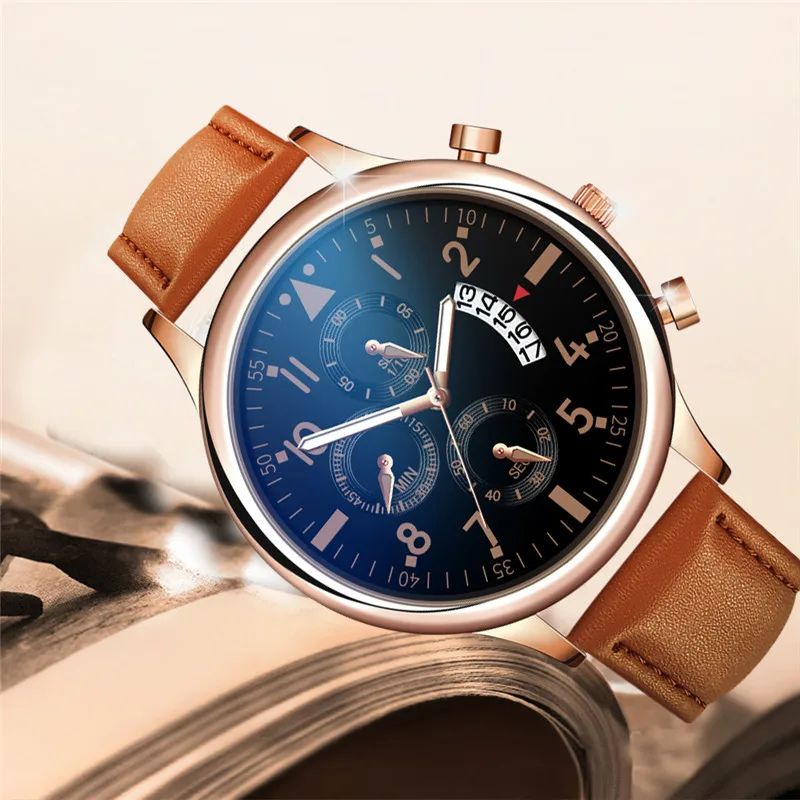 Для мужчин Роскошные часы кожа кварцевые High End Хронограф Календарь с большим