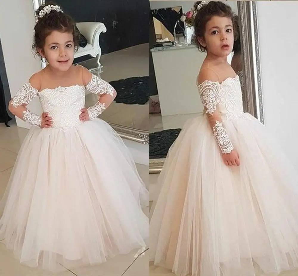 

Champagne Tulle Flower Girl Dresses Long Sleeve Lace Sheer Neckline First Holy Communion Dress Girls Pageant Dress