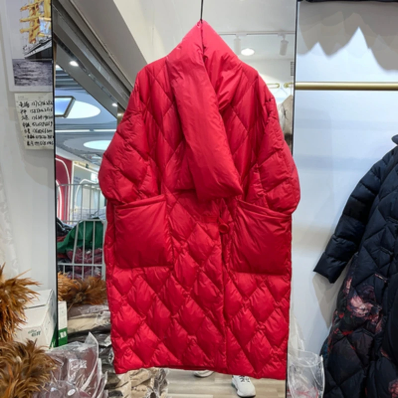 

Down jacket women 2021 fashion scarf V-neck warm winter loose over-the-knee mid-length coat
