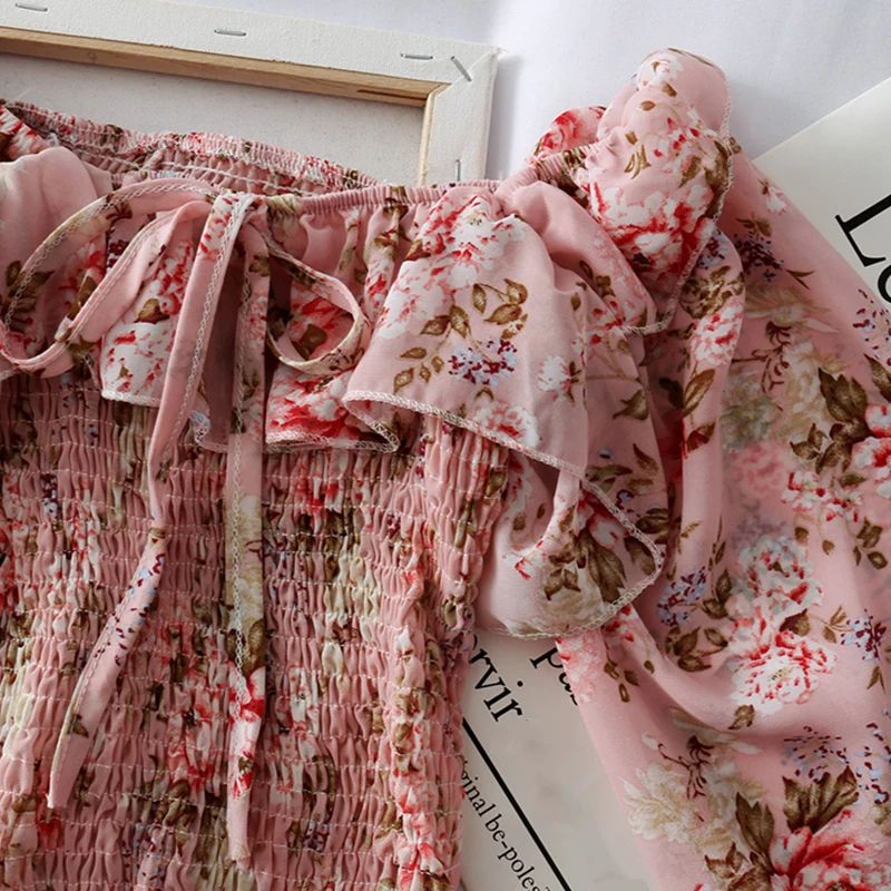 

Chiffon Floral Print Pleated Women's Blouse Korean Puff Sleeve Off The Shoulder Top Female 2021 Spring Autumn Sweet Lady Blouses