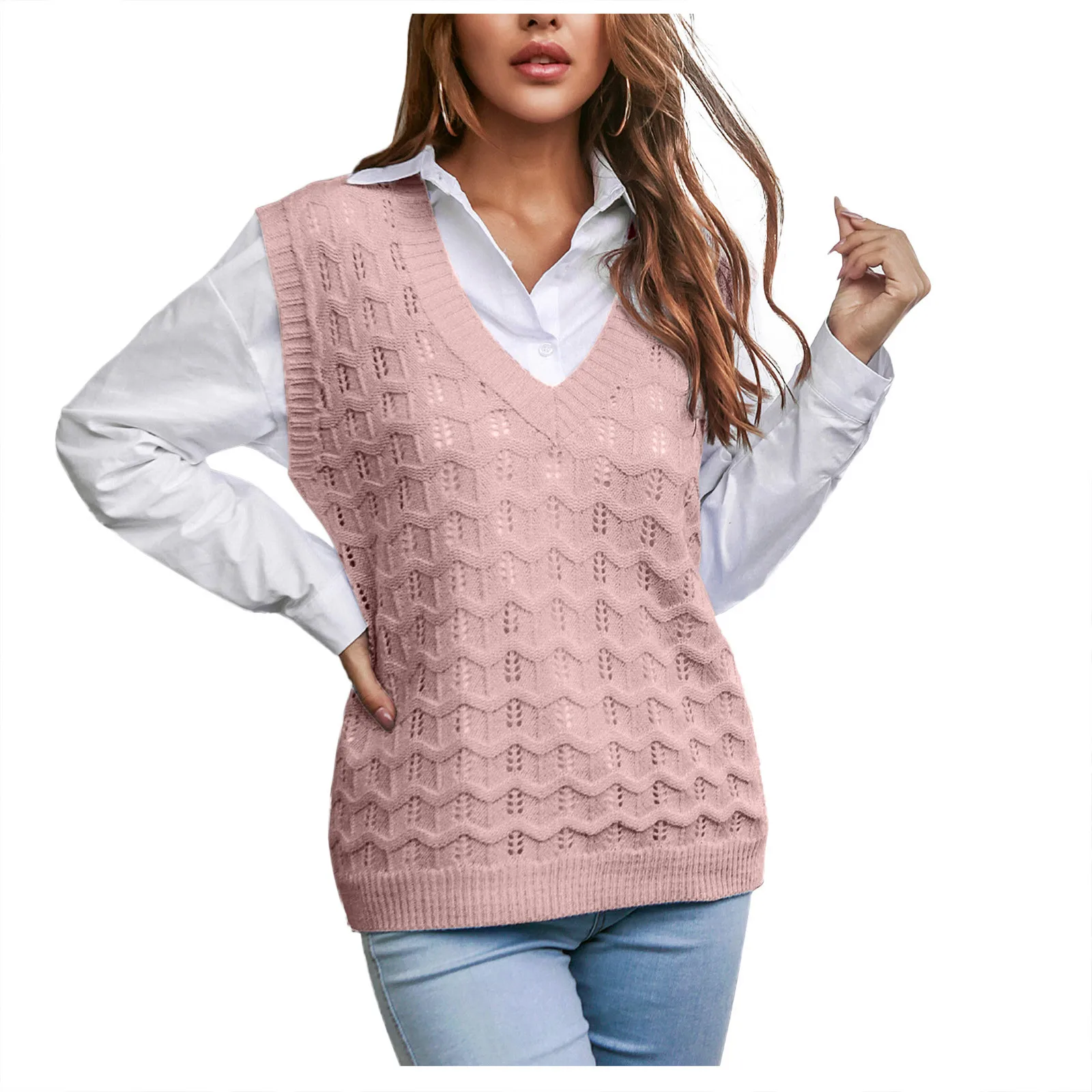 

Solid All-match Sweater Vest Womens Knit Long Sleeves Crop Sweater Loose Knitted Pullover Winter Sweater Vest 2021 New Female