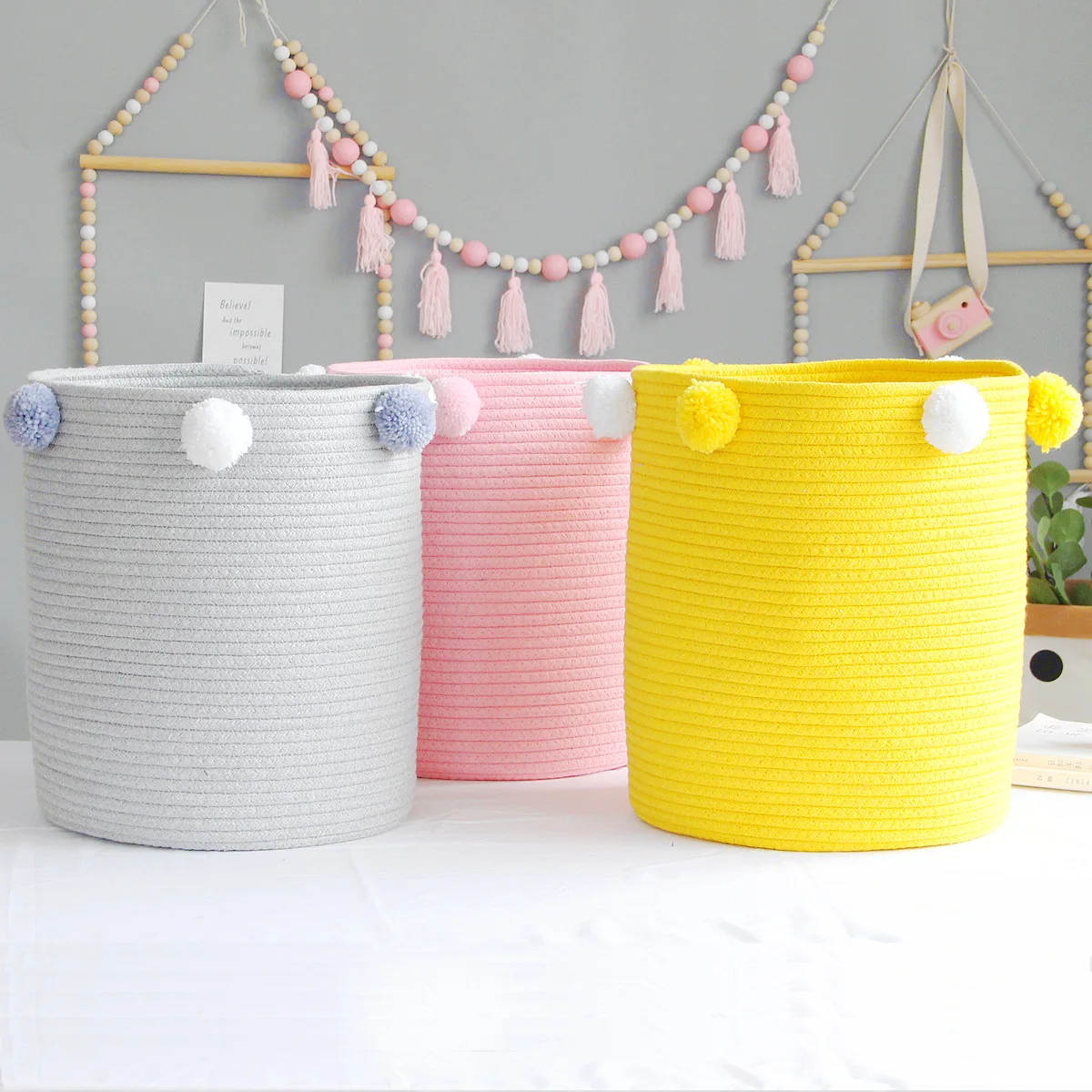 

31x35CM INS Colorful Hair Ball Storage Bucket Cotton Rope Laundry Basket Kids Toy Sundries Dirty Clothes Storage Basket