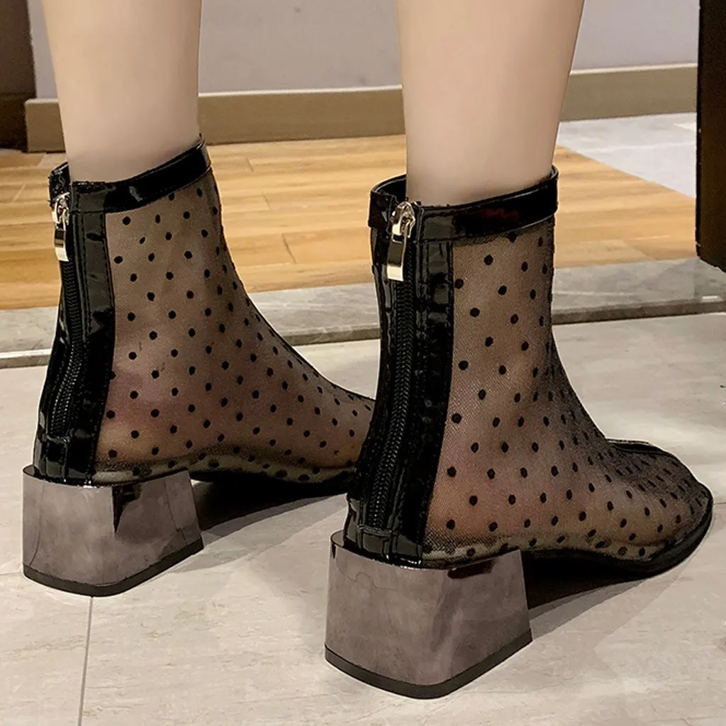 2019 Women's Ankle Boots Polka Dot Mesh Summer Autumn Lady Rome Style Short Boot Sexy Retro High Heel Shoes Breathable Classic | Обувь