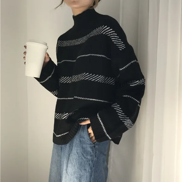 

Loose Harajuku Korean Casual Vintage Fashion Tops Winter New Women's Pullovers Sweater Striped Turtleneck Knitted