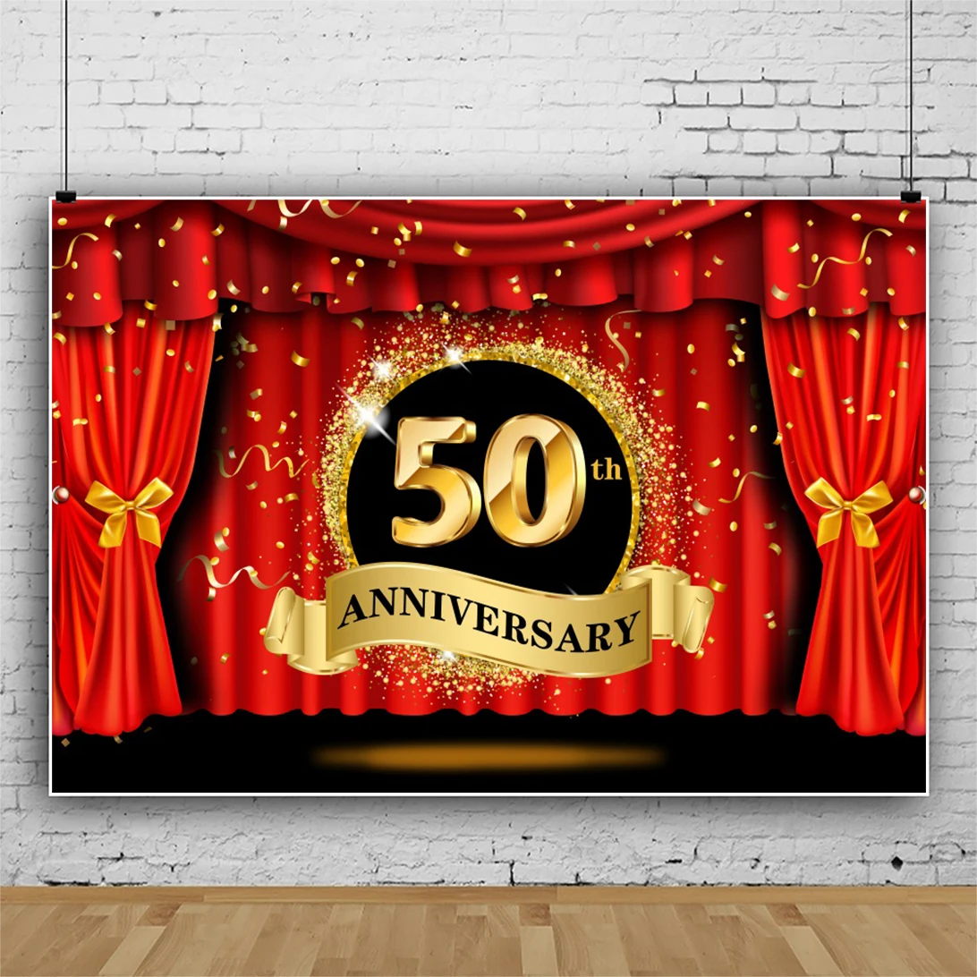 

Laeacco 50th Anniversary Party Decor Red Stage Curtain Background Portrait Personalized Poster Backdrops For Photographic Banner