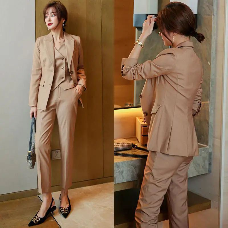 

Solid Color Korean Three Piece Set Women Blazer High Waist Straight Pants Suits Female 2023 Spring Autumn Fashion New Y236