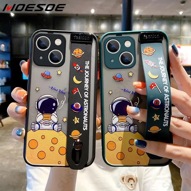 

Cute Cartoon Space Astronaut Wrist Band Bracket Phone Case For iPhone 13 12 11 Pro Max XR XS X 6 7 8 Plus Matte Hard Back Cover