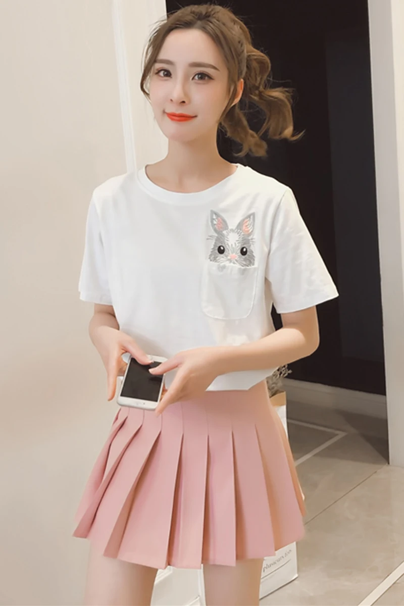 

Summer Women Cotton Top Cartoon Embroidery Rabbit Pocket Tee Cute Wild Thin Loose Short-sleeved T-shirt