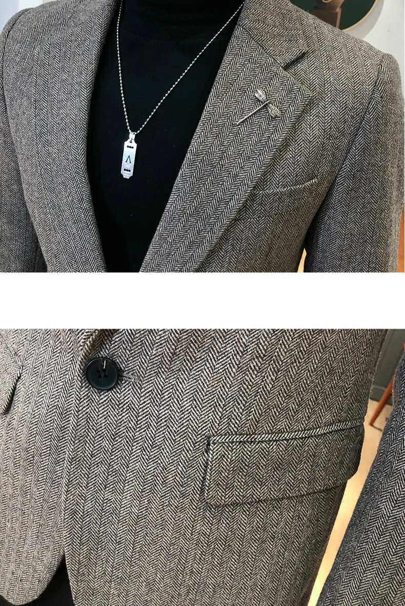 

Autumn Blazer Masculino Winter Woolen Men Blazers Single Button Casual Slim Suit Jacket Business Wedding Dress Coat Ropa Hombre
