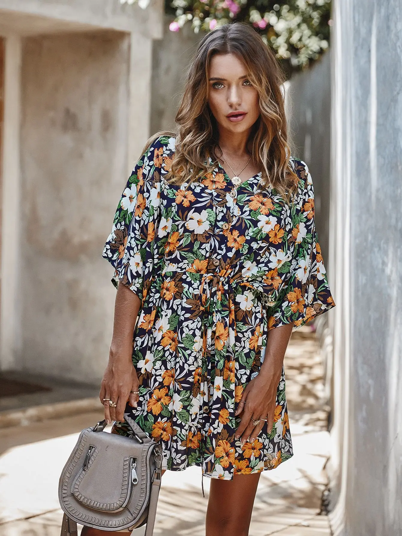 

Boho Mini Dress Women Floral Print V Neck Half Sleeve Belt Holiday Sundress Summer Casual Loose Femme A-Line Beach Dress Vestido