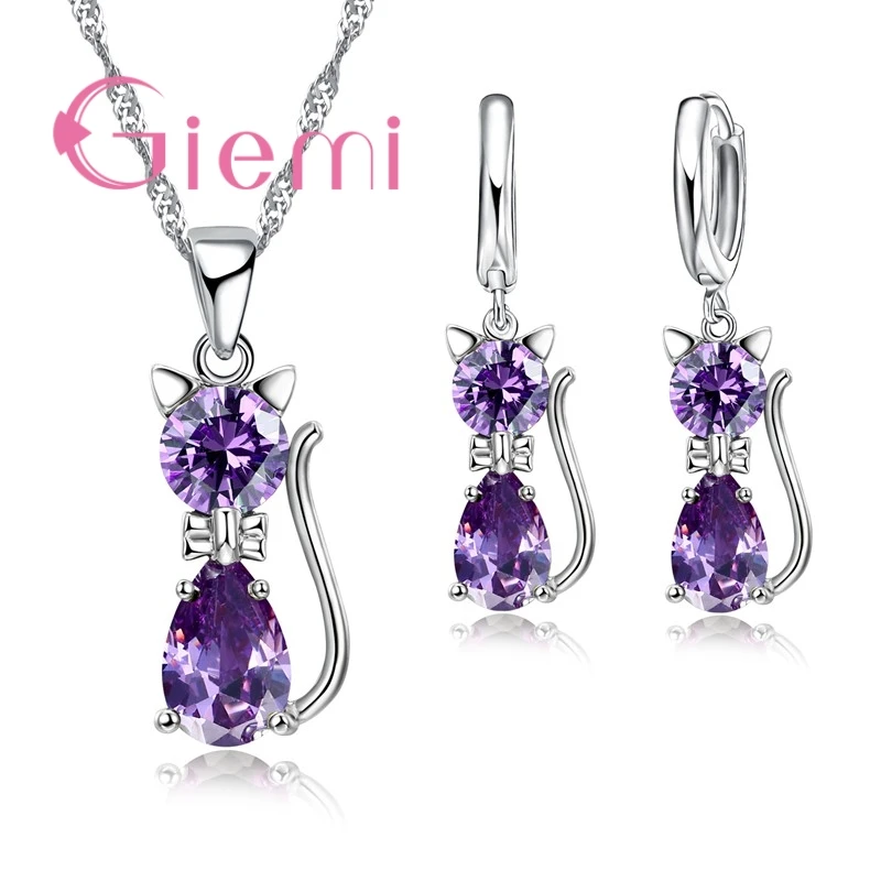 Purple Подлинный Топ высоко 925 пробы Серебряный прозрачный кубический цирконий кот кулон ожерелье+ серьги Горячие хрустальные ювелирные изделия для женщин - Окраска металла: Purple