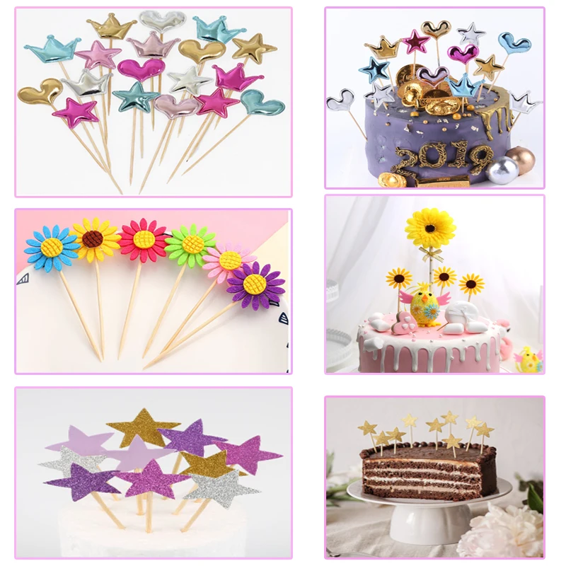 

3/5/10pcs Colorful Cake Topper Star Heart Happy Birthday Party Cake Decora Supplies Shower Decoration Wedding Party