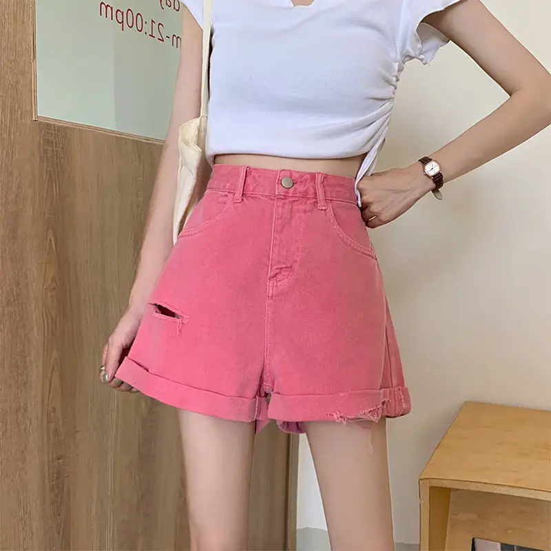 

Women 2021 Summer Fashion Holes Ripped Denim Shorts Female High-waist Wide-leg Shorts Ladies New Solid Color Loose Shorts Y33