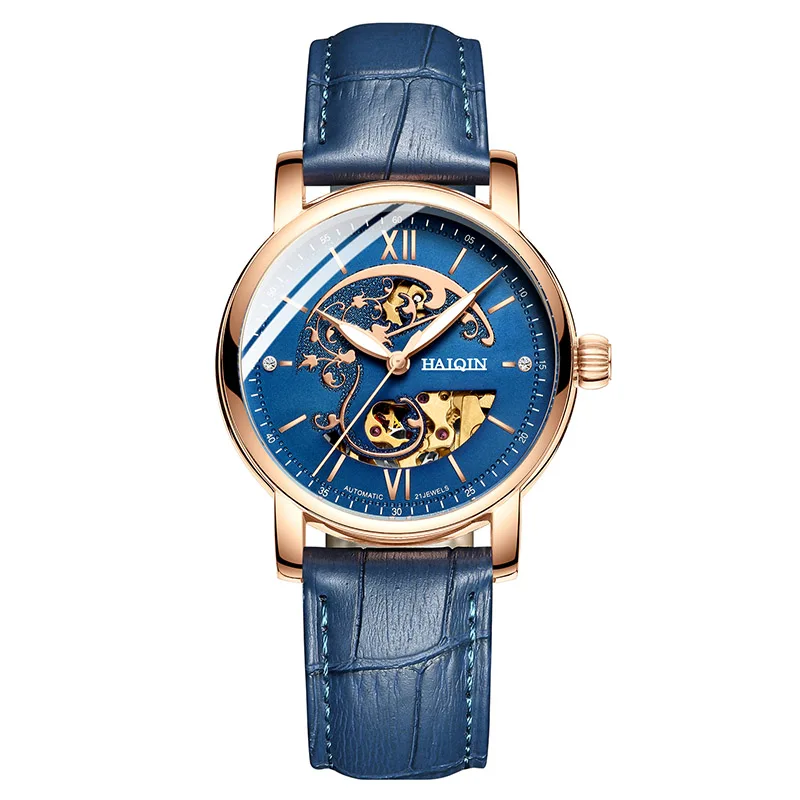 Blue Gold Blue HAIQIN автоматические женские часы лучший бренд класса люкс Женские Механические женские наручные часы кожаные водонепроницаемые часы Relogio Feminino - Цвет: Blue Gold Blue