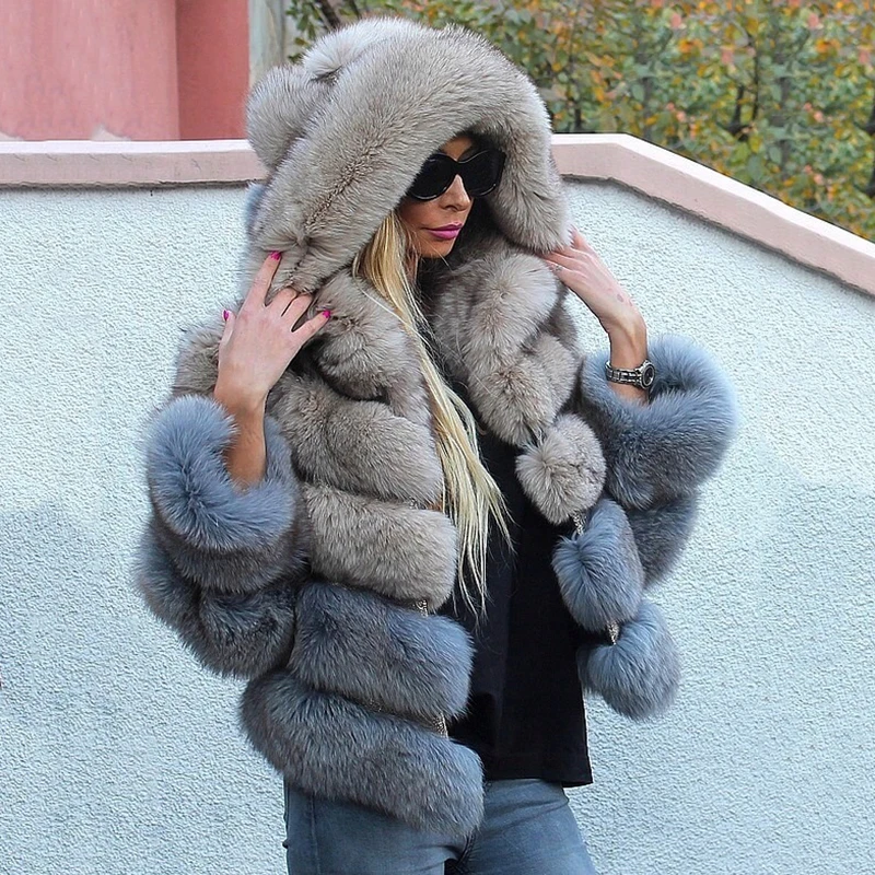 Natural Whole Skin Real Fox Fur Jacket With Hood Warm 2022 New Winter Fashion Fur Overcoats Luxury Woman Natural Fox Fur Coats