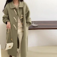 2021 winter double sided cashmere coat women horn button middle length cashmere coats and jackets doll collar woolen overcoats