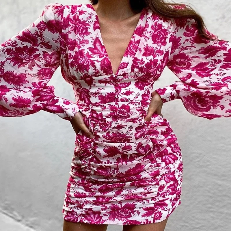 

2021 Summer New Fashion Bodycon Dresses Women High Waist Print Sexy V Neck Autumn Elegant Slim Long Sleeve Party Dress Plus Size