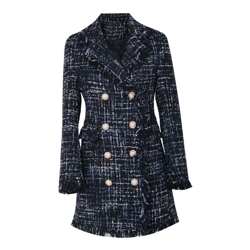 

Dark blue tweed coat Medium-long one-piece Autumn/winter women's jacket New Small Fragrance ladies jacket coat