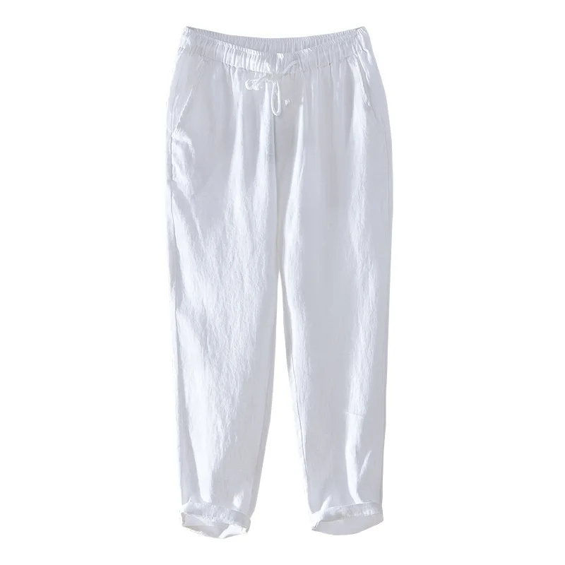 

Summer Men Solid Color 100% Linen Pant Drawstring Japan Style Slim Fit Casual Loose Straight Ankle Length Cargo Simple Male Pant
