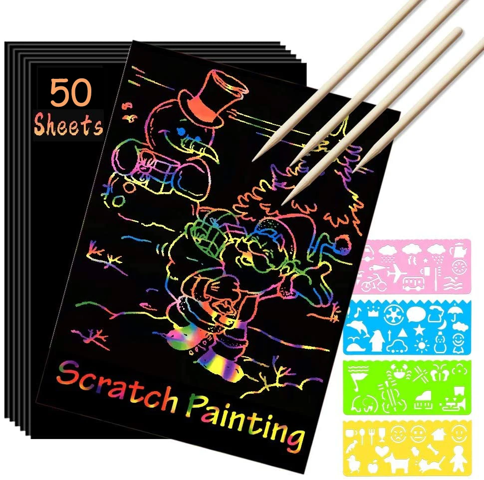 

50 Pcs Rainbow Magic Scratch Paper Kit for Kids Black Scratch it Off Art Crafts Notes with 5 Wooden Stylus and 4 Stencils Diy