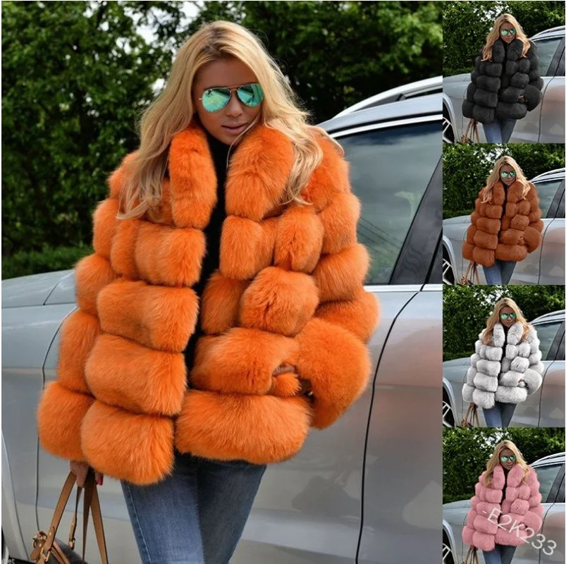 Fur Coat Imitation Fox Fur Winter Jacket Women Turn-down Collar Stitching Long Sleeves Fur Coats for Women