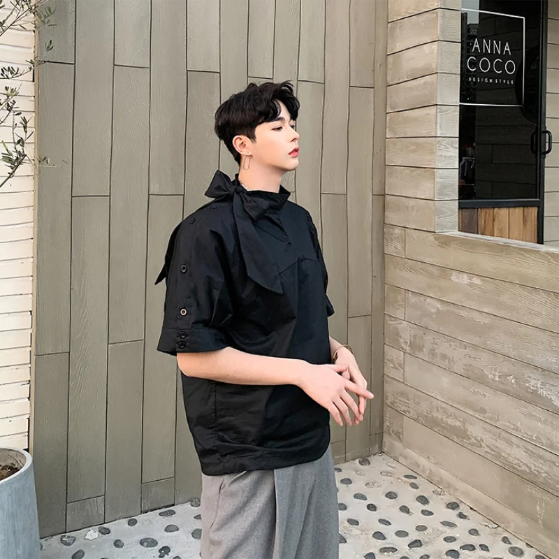 

Men's new large size loose summer personality niche design bow design pleated loose short-sleeved shirt trend pullover