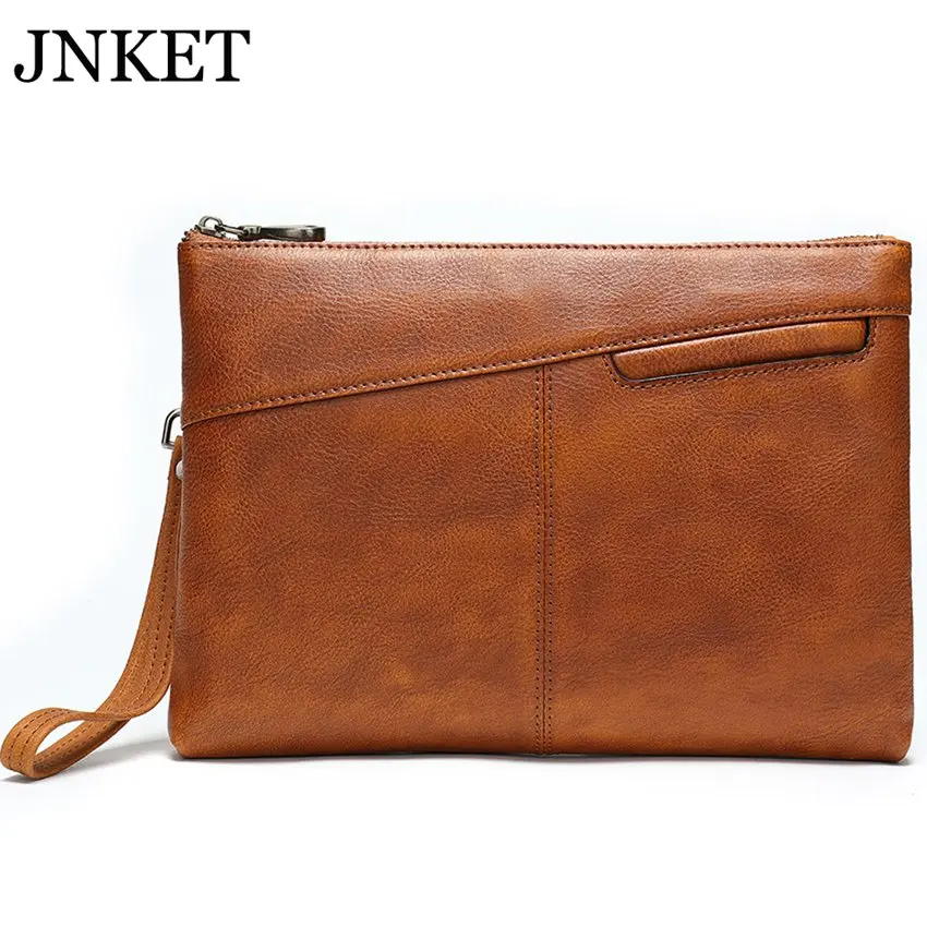 JNKET NEW Retro Cow Leather Men Handbag Business Bag Large Capacity Bag Zipper Long Wallet with Wrist Strap