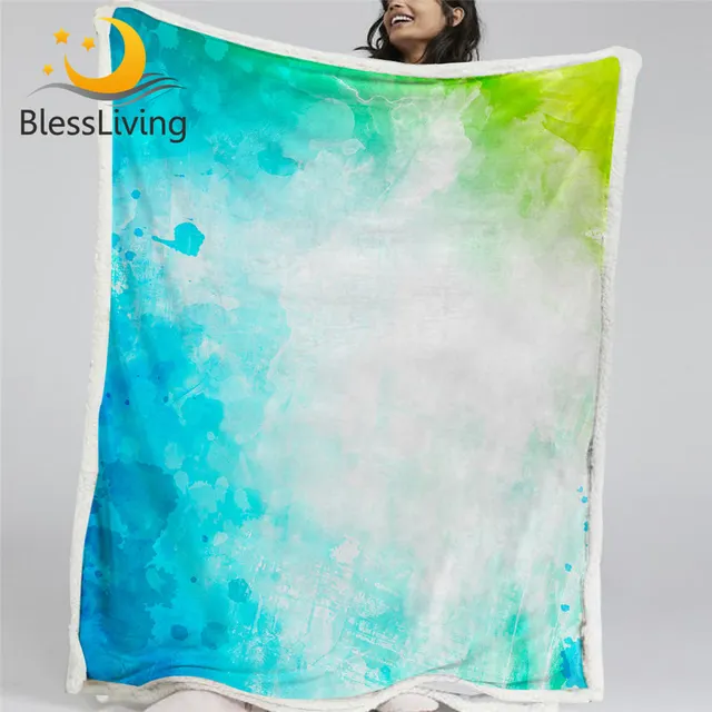 BlessLiving Watercolor Throw Blanket Blue Green Pink Fluffy Blanket Abstract Art Blankets For Bed Microfiber Custom Blanket 1