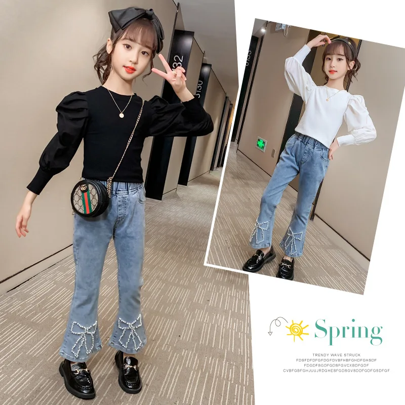 

Puff Sleeve Top+Denim Flared Pants 2Pcs Girls Clothing Sets For Girls Autumn Suits 2021 Children Fashion Trendy New Suits