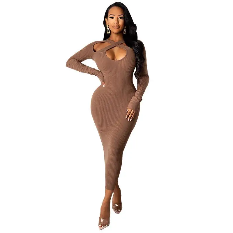 

Fashion Female Slim Fit Hollow Sexy Autumn and Winter Hanging Neck Long Solid Color Long Sleeve Dress Women