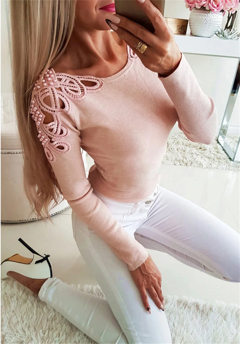 Женская Кружевная футболка с длинным рукавом вырезами | одежда
