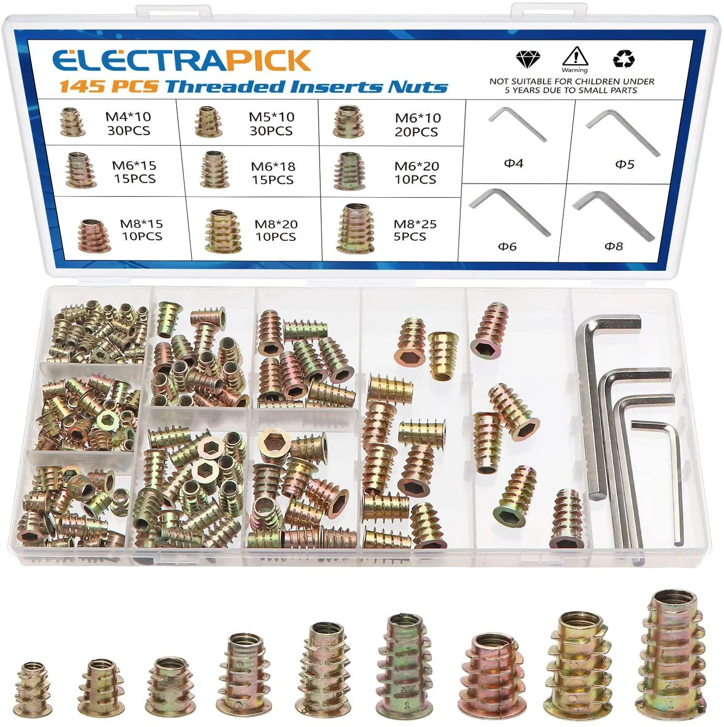 

Electrapick 145pcs M4 M5 M6 M8 Zinc Alloy Hex Socket Drive Insert Nuts Threaded For Wood Furniture Nut With Wrenchs