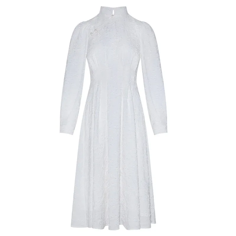

Stand Collar Long Sleeve Draped White Jacquard Dress