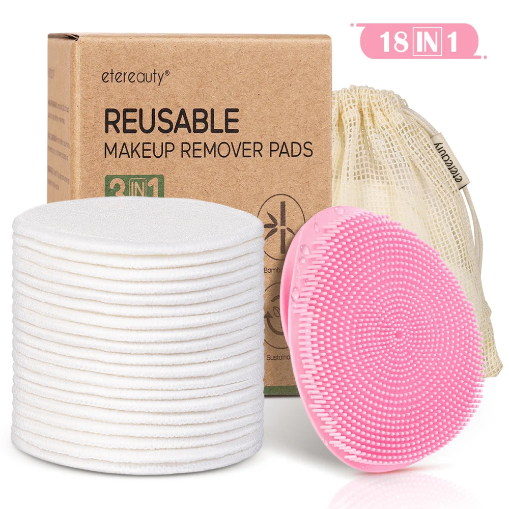 

ETEREAUTY 16PCS Makeup Removal Facial Cotton Cosmetics Remover Pads with Silicone Cleaning Brush Storage Bag )