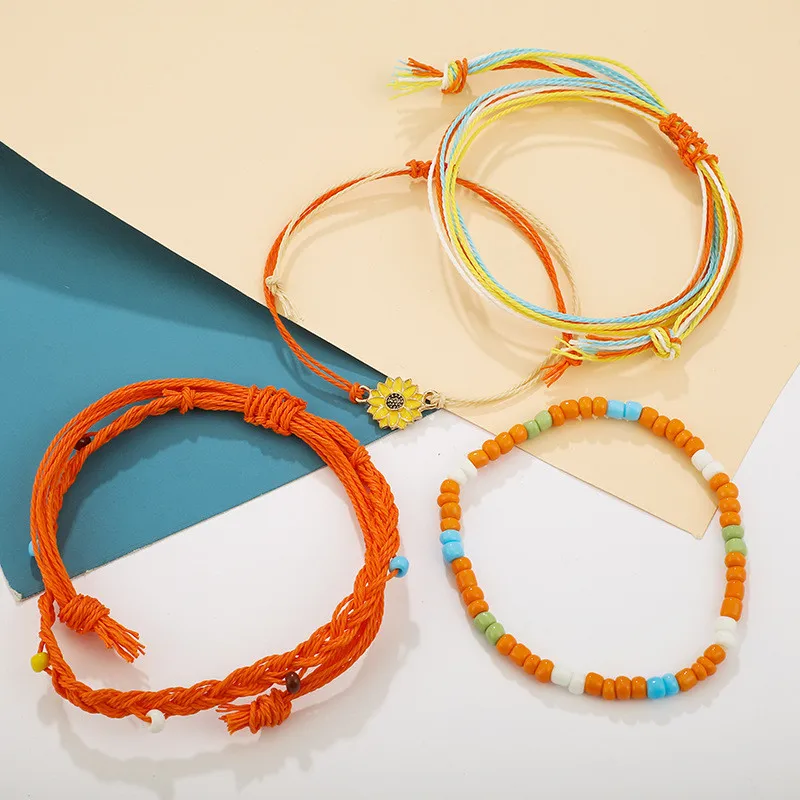 4 шт. браслет из вощеной веревки в богемном стиле с желтыми цветами радужными