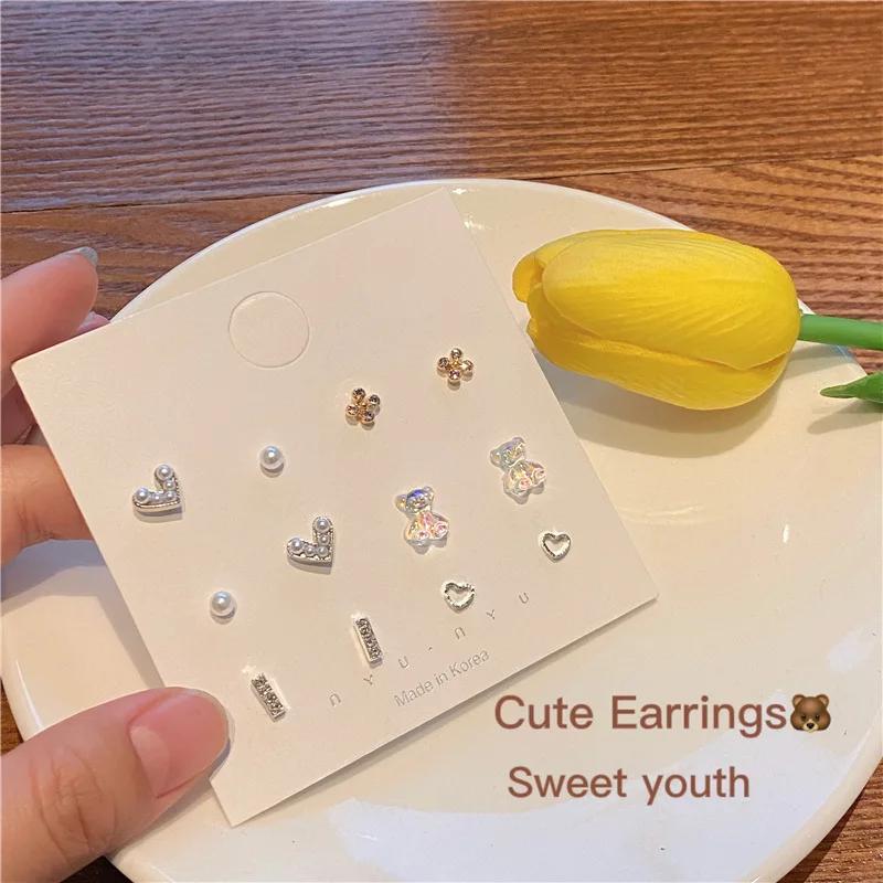 

S925 Super Fairy Pearl Love Bear Earrings Geometric Classic Set Gentle Cute Fresh Simple Fashion Girl Trendy Earrings