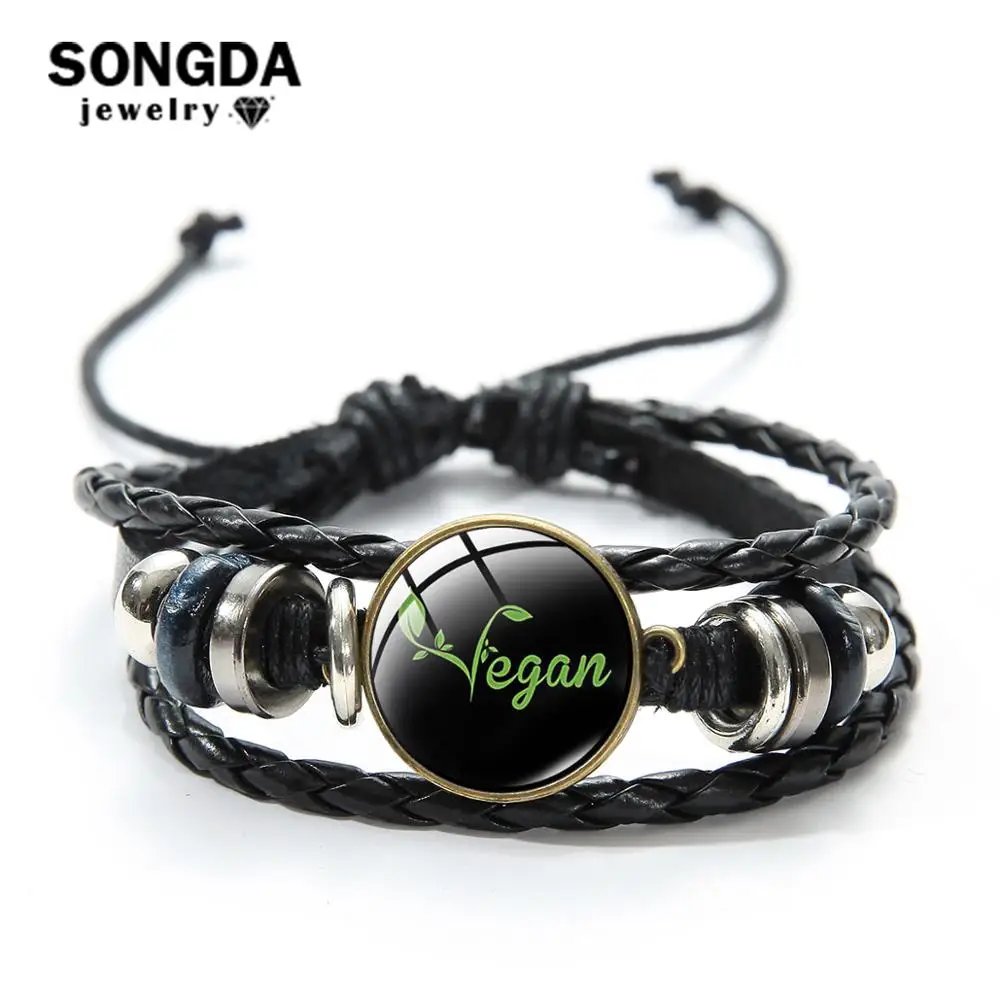 

SONGDA Harajuku Vegan Black Leather Bracelet Vegetarian Diet Go Organic Cartoon Printed Glass Dome Charm Bracelets for Women Men