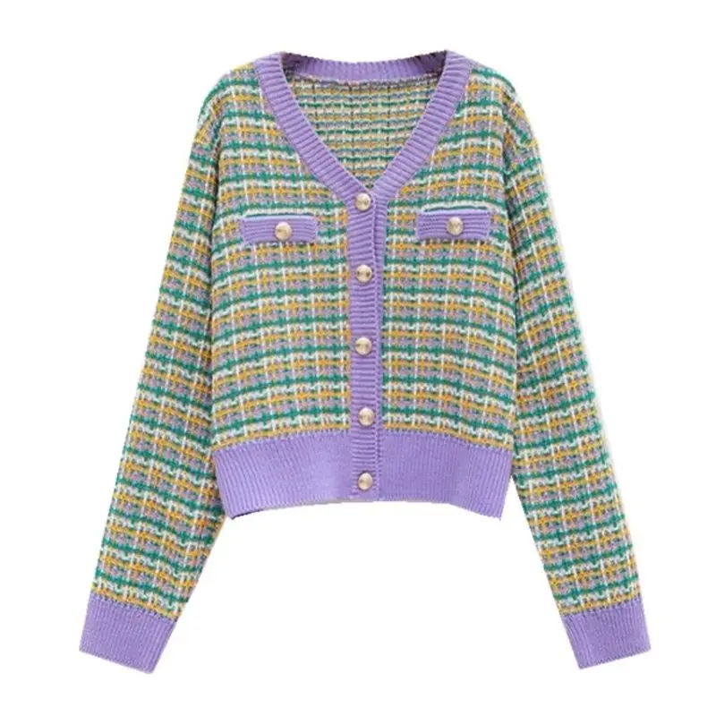 

2021 trend retro check contrast V-neck knitted cardigan women's new spring and autumn sweater coat