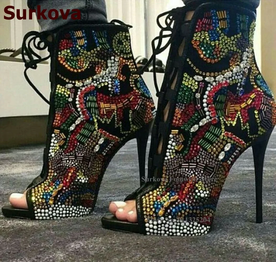 Surkova Bling Bling Multi-Color Crystal Ankle Boots Stiletto Heels Open Toe Lace-up Rhinestone Booties Colorful Glitter Pumps