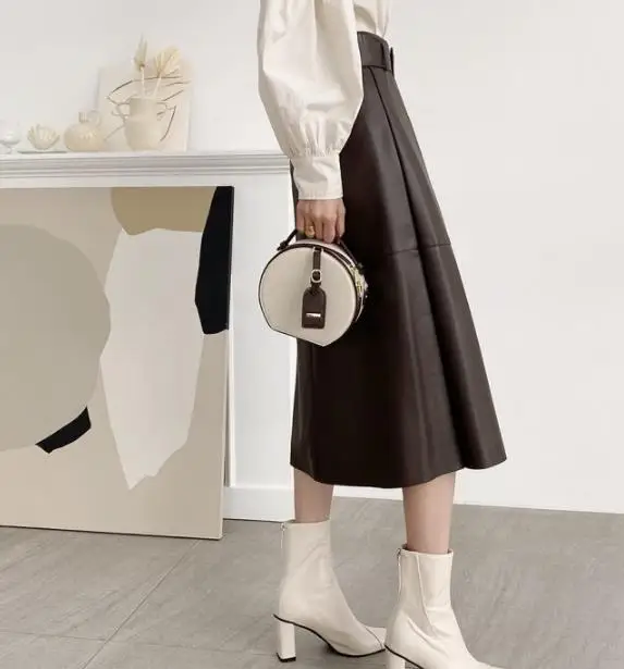 

Spring autumn elegant pu leather a-line skirt women high waist big swing spit skirt