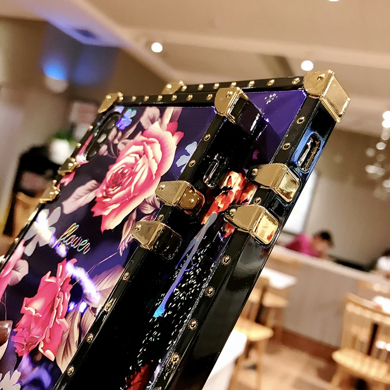 

Luxury Rivet Rose Flower Blue Ray Square Phone Case For Huawei P40 lite P20 P30 Pro Honor 8X 9X Y9 2019 Glossy Soft Back Cover