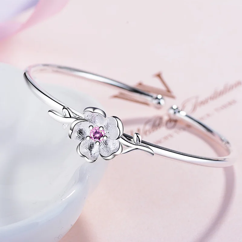 

Trendy Cute Romantic Flower Cuff Bracelet Simple Style Thin Tiny Pink Sakura Cherry Blossom Opening Bracelet Accessory For Women