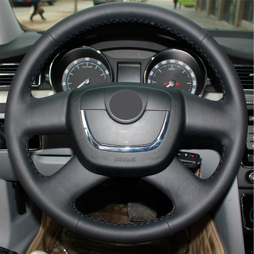 

Hand-stitched Black Genuine Leather Car Steering Wheel Cover for Skoda Octavia 2009-2013 Citigo 2011-2012 Roomster Fabia 2009