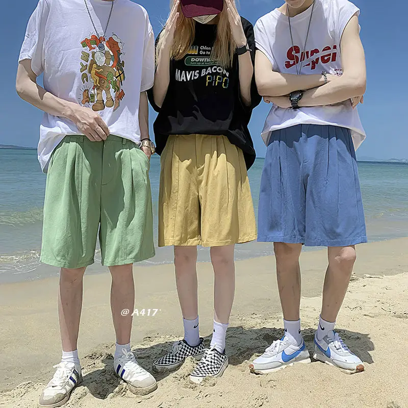 

Summer Cotton Shorts Men's Fashion Multicolor Casual Pants Men Streetwear Loose Straight Stretch Waist Beach Shorts Mens S-XL