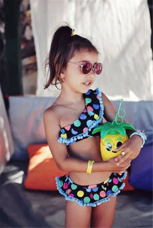

2 types of kids girls casual cute one shoulder polka dot tassel ruffles beach bathing swimsuit bikini swimsuit