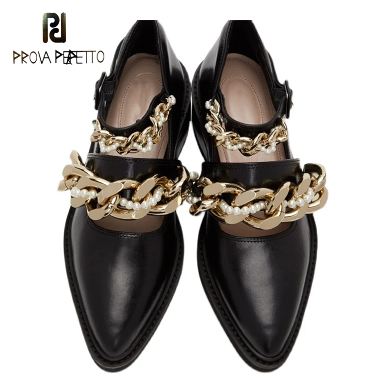 

2021 big brand new metal chain pointed toe shoes star Mary Jane Loafers leather pearl buckle women's shoes