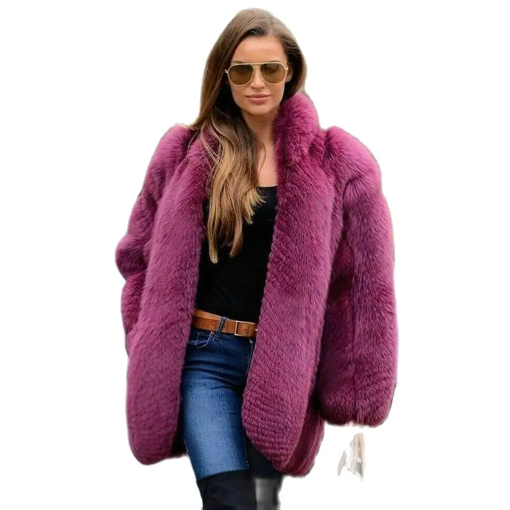 Natural Fox Fur Coats for Women Winter Fashion 2022 New Whole Skin Purple Red Mid-length Genuine Fox Fur Jacket Stand Collar