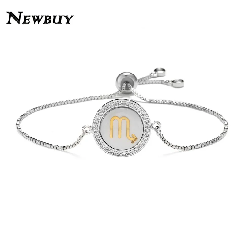 NEWBUY Мода 12 Созвездие шарм браслеты для женщин Девушка Уникальный дизайн оболочки браслет CZ Роскошный Золотой символ знаков зодиака