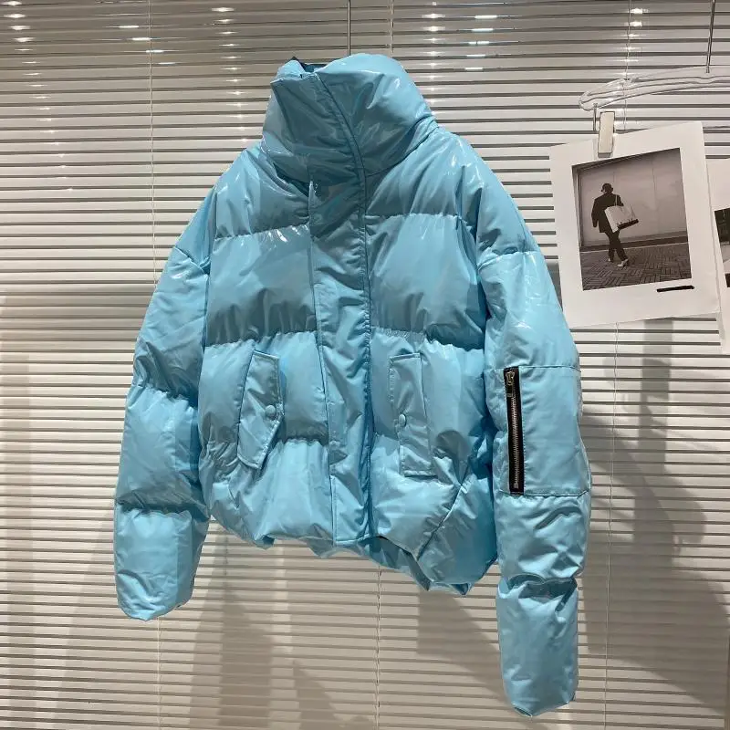 Online Celebrity 2021 Zipper Sleeve Color Glossy Patent Leather Stand Collar Cotton-padded Jacket Cotton Coat Clothes Women Y2K