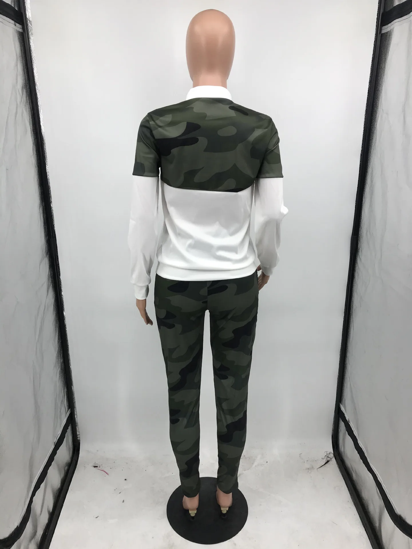

Camouflage Panelled Fitness 2 Piece Set Women Clothes Long Sleeve Zipper Front Pockets Hoodie + Straight Pants Fleece Tracksuits